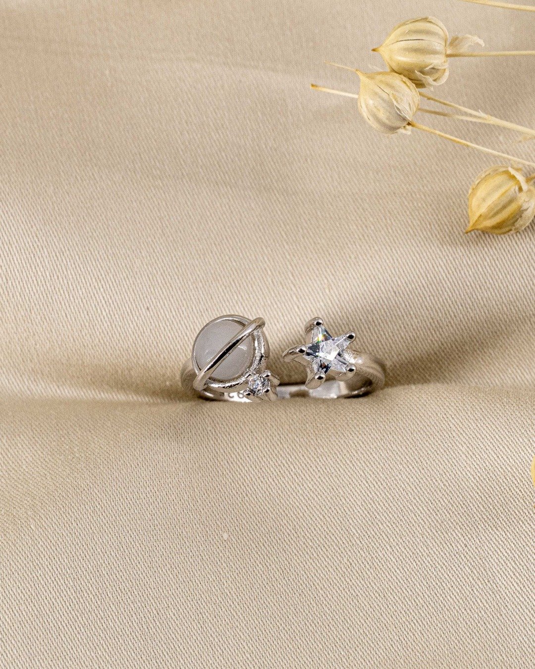 Celestial Star & Moon Adjustable Ring – 925 Sterling Silver