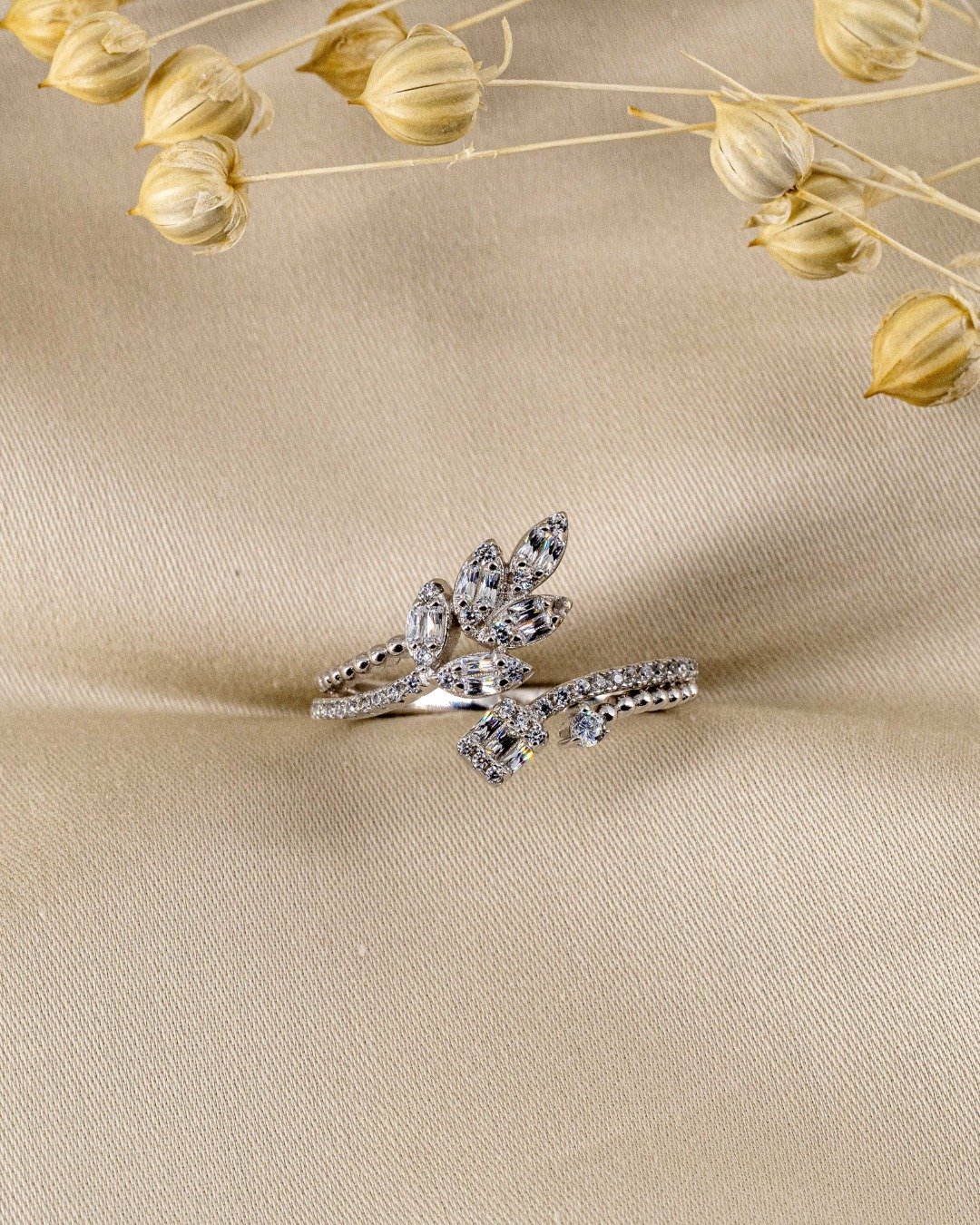 Dual Leaf & Baguette Spark Adjustable Ring – 925 Sterling Silver