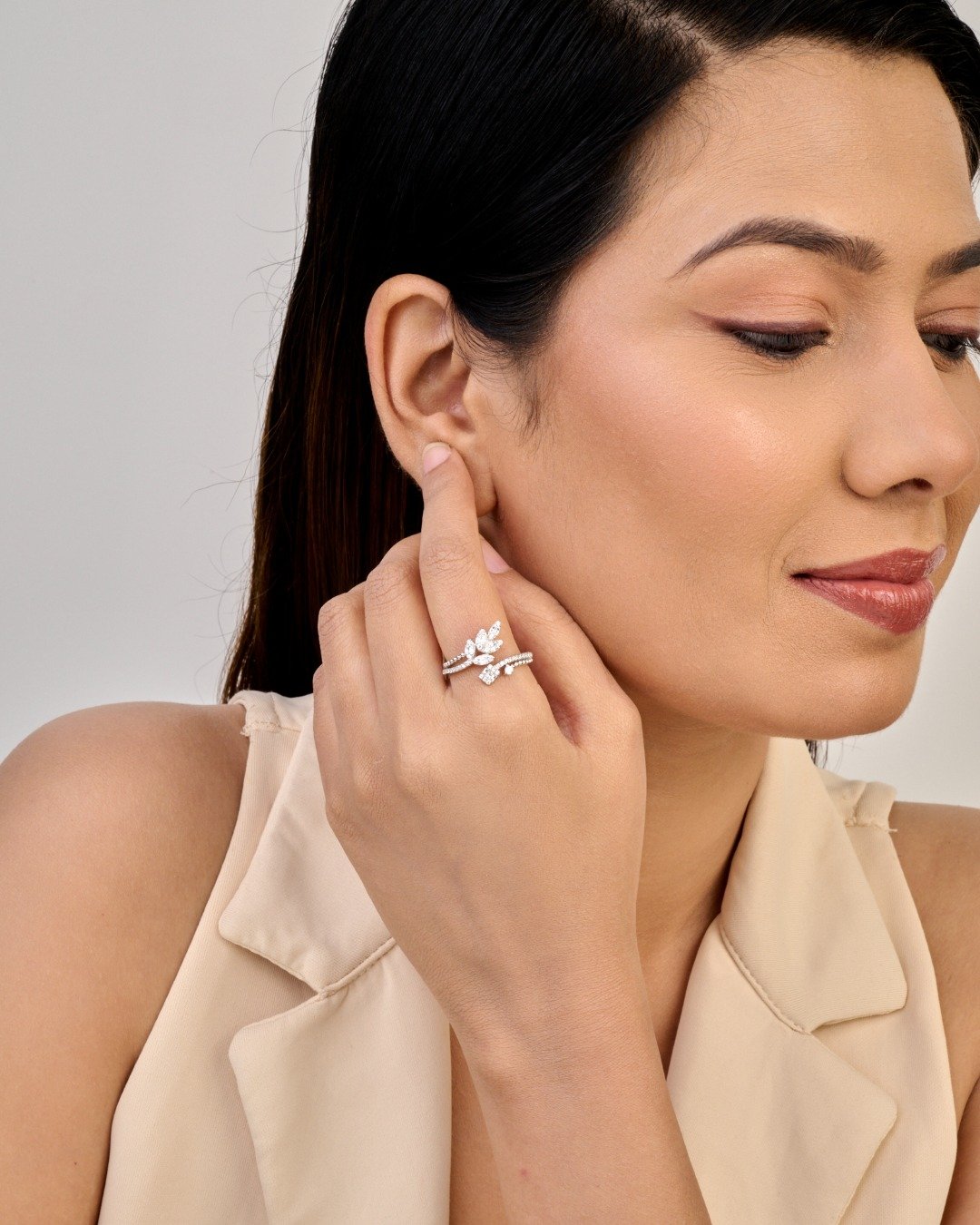 Dual Leaf & Baguette Spark Adjustable Ring – 925 Sterling Silver — view 3