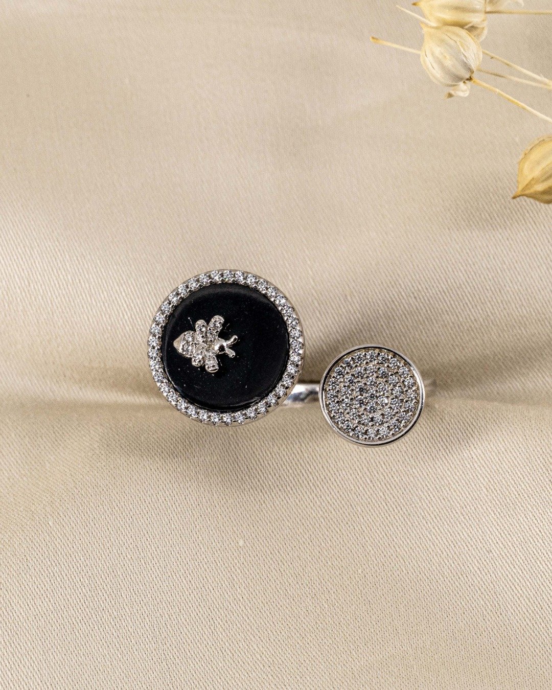 Dual Disc Clover Statement Adjustable Ring – 925 Sterling Silver