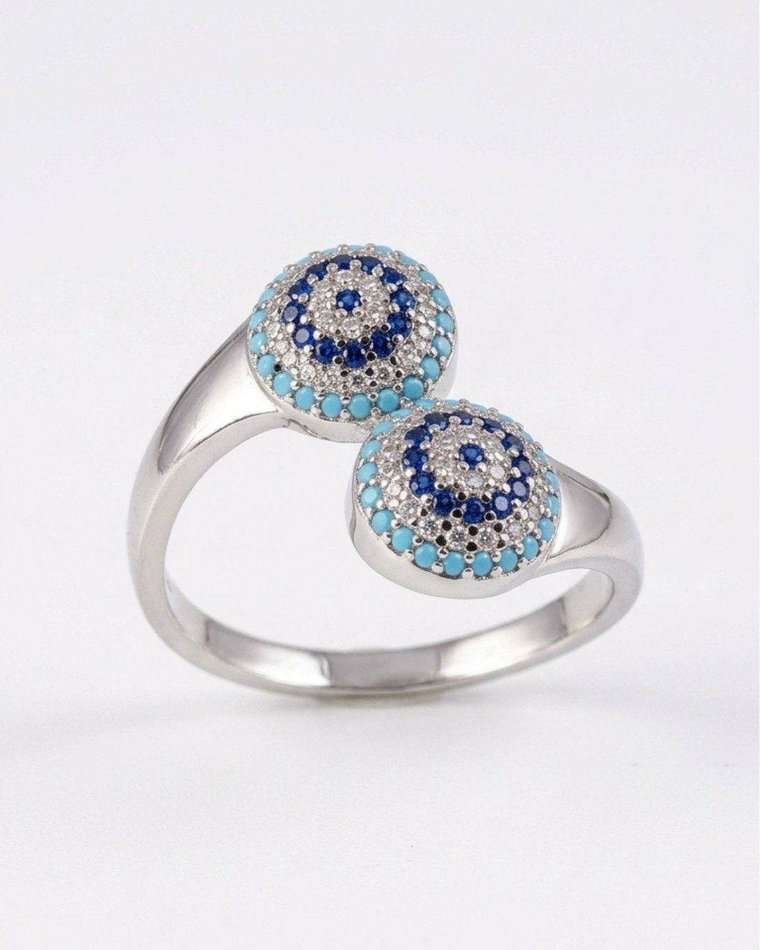 Blue Evil Eye Dual Disc Adjustable Ring – 925 Sterling Silver — view 4