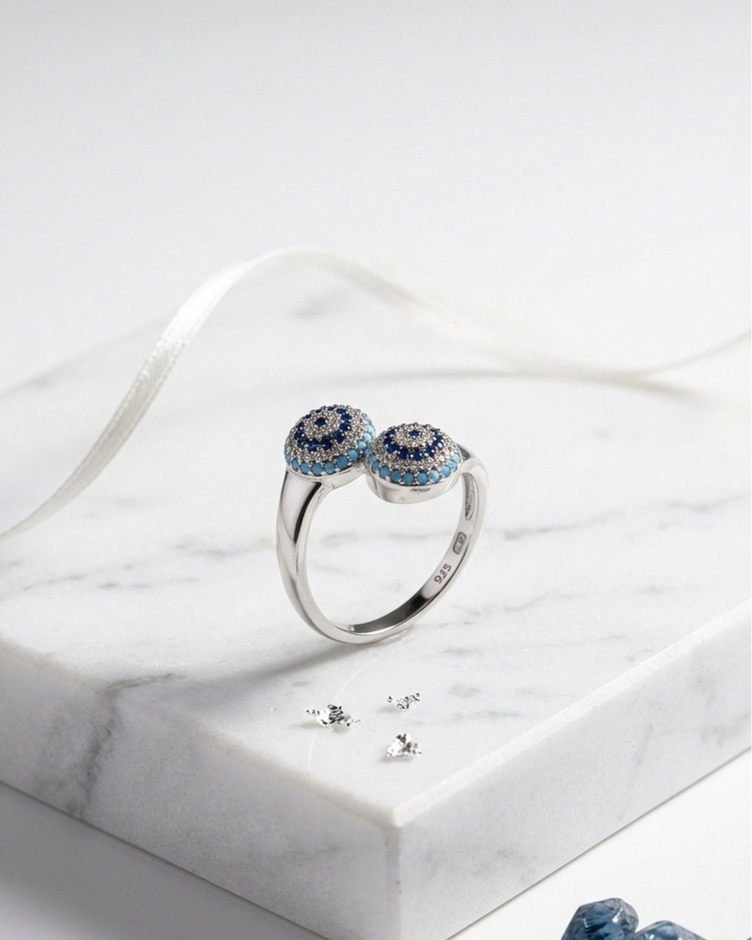 Blue Evil Eye Dual Disc Adjustable Ring – 925 Sterling Silver