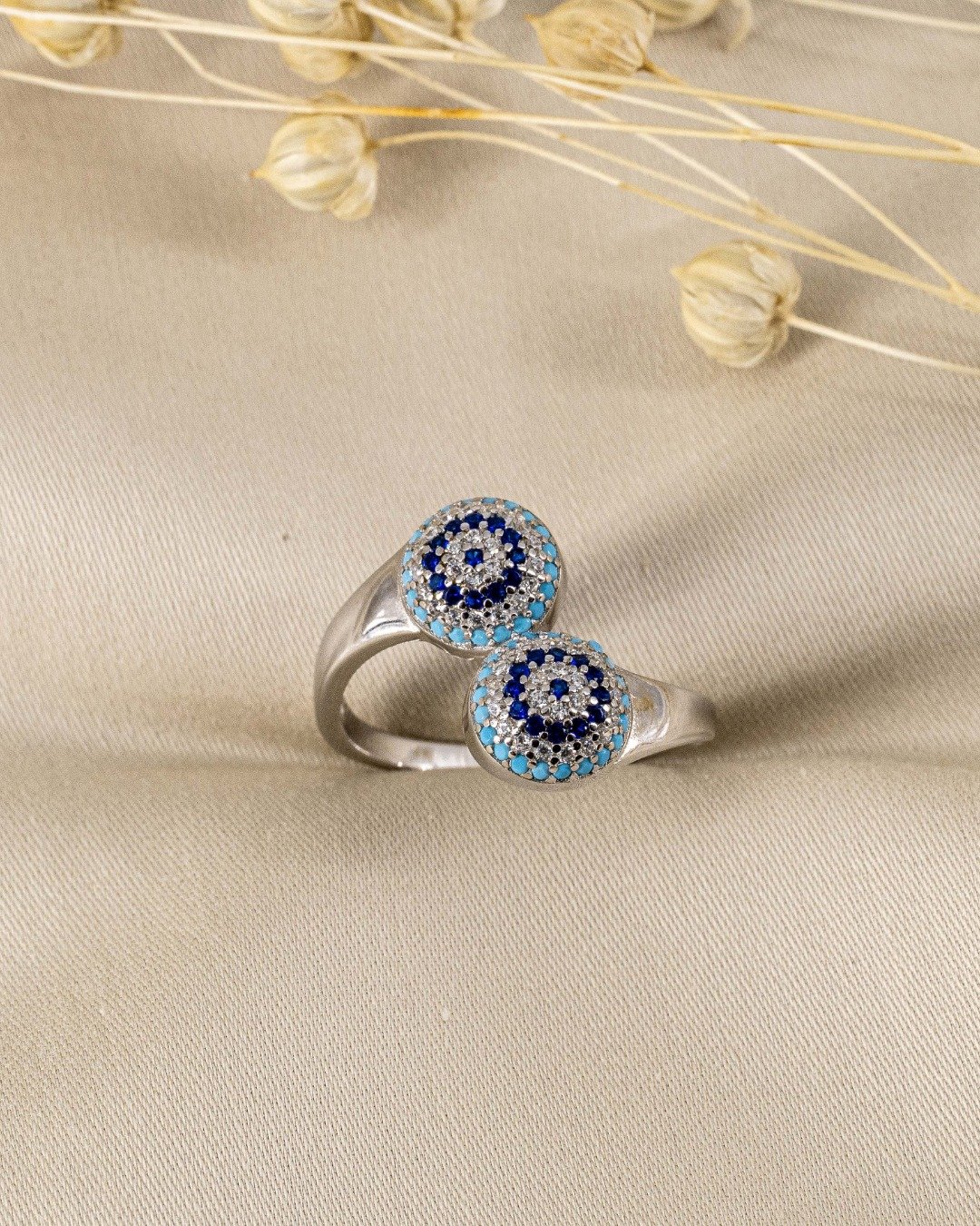 Blue Evil Eye Dual Disc Adjustable Ring – 925 Sterling Silver