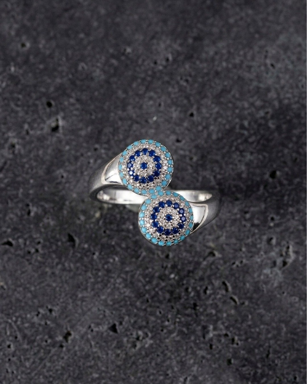 Blue Evil Eye Dual Disc Adjustable Ring – 925 Sterling Silver — view 5