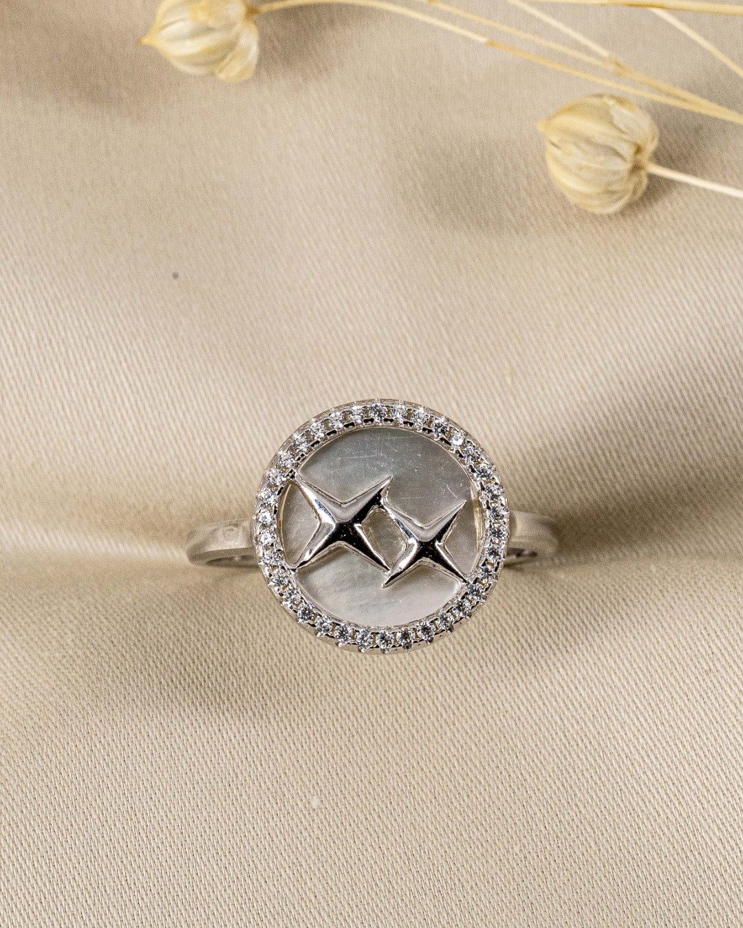 Twin Star Mother of Pearl Halo Adjustable Ring – 925 Sterling Silver