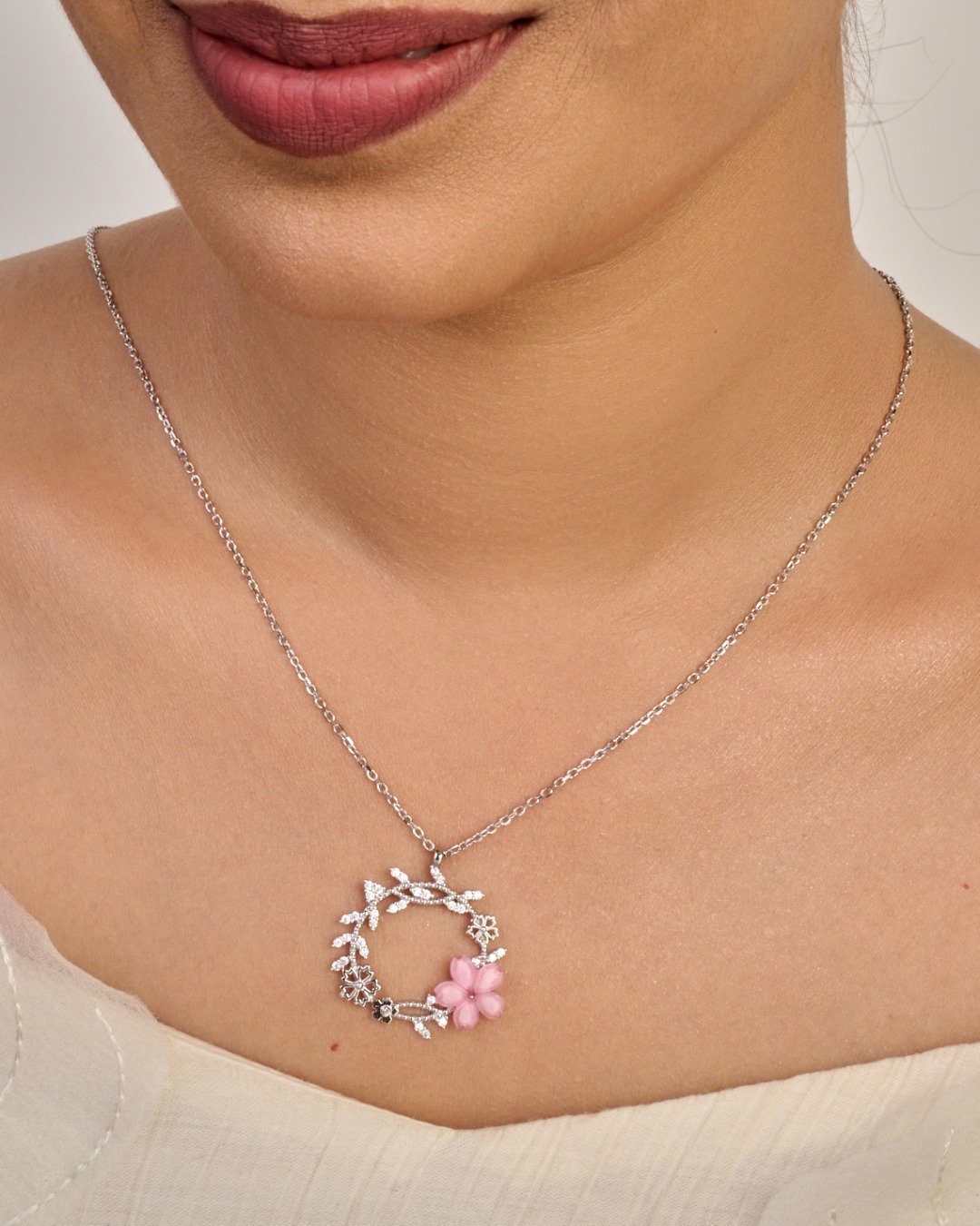Pink Blossom Floral Wreath Pendant Necklace – 925 Sterling Silver — view 3