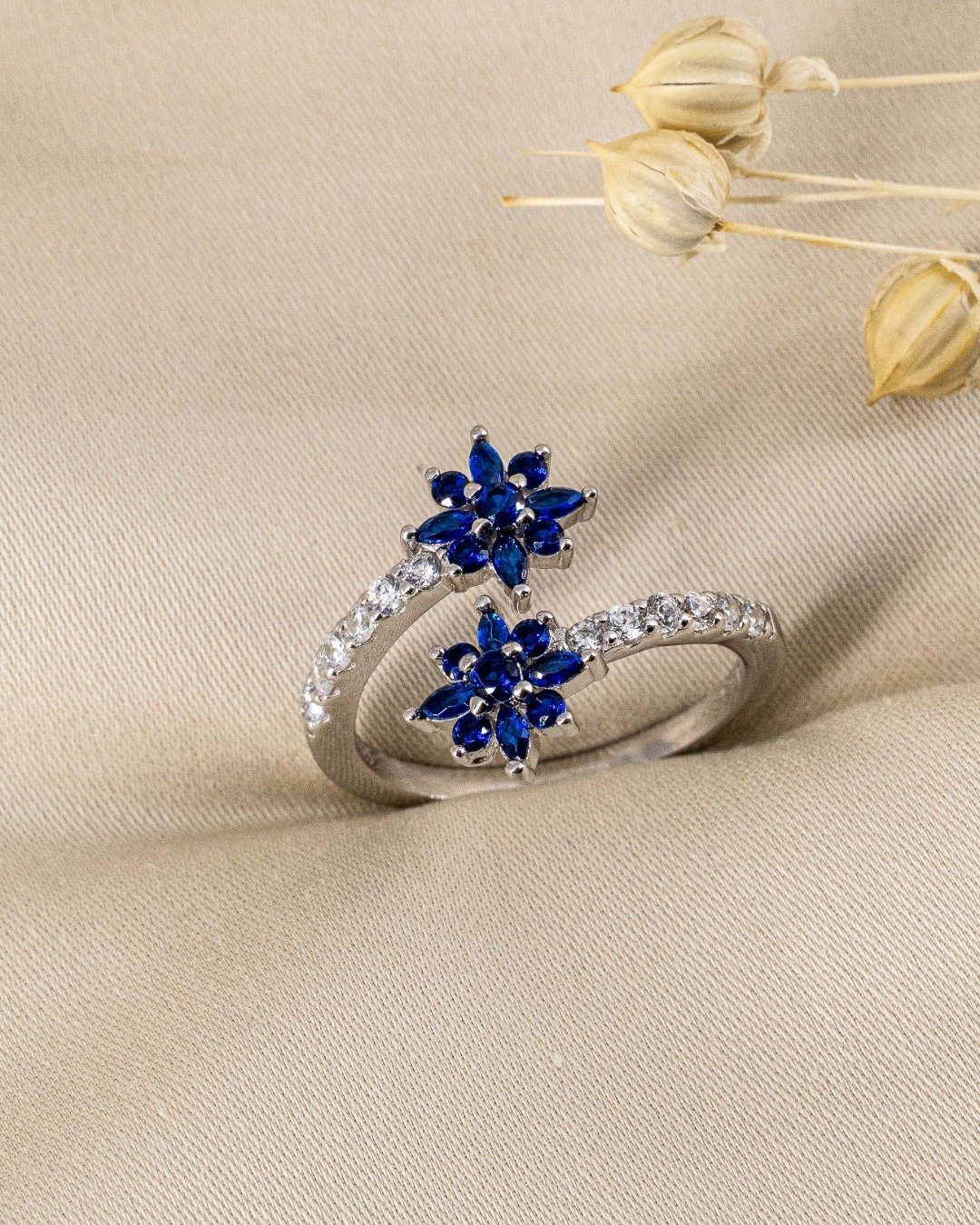 Royal Sapphire Blossom Adjustable Ring – 925 Sterling Silver
