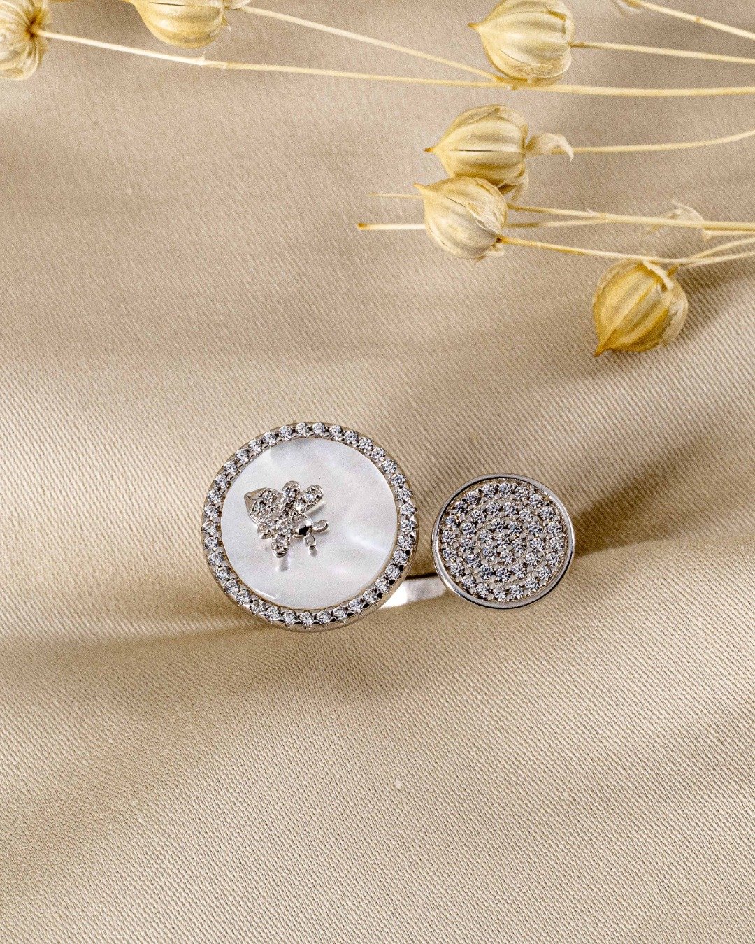 Dual Disc Mother of Pearl Luxe Adjustable Ring – 925 Sterling Silver