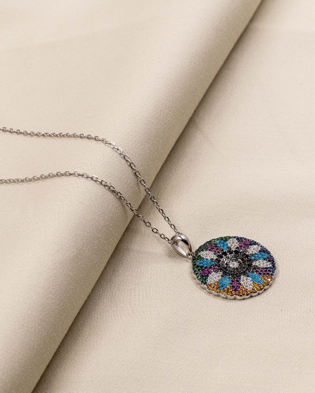 Multicolor Floral Medallion Pendant Necklace Set – 925 Sterling Silver