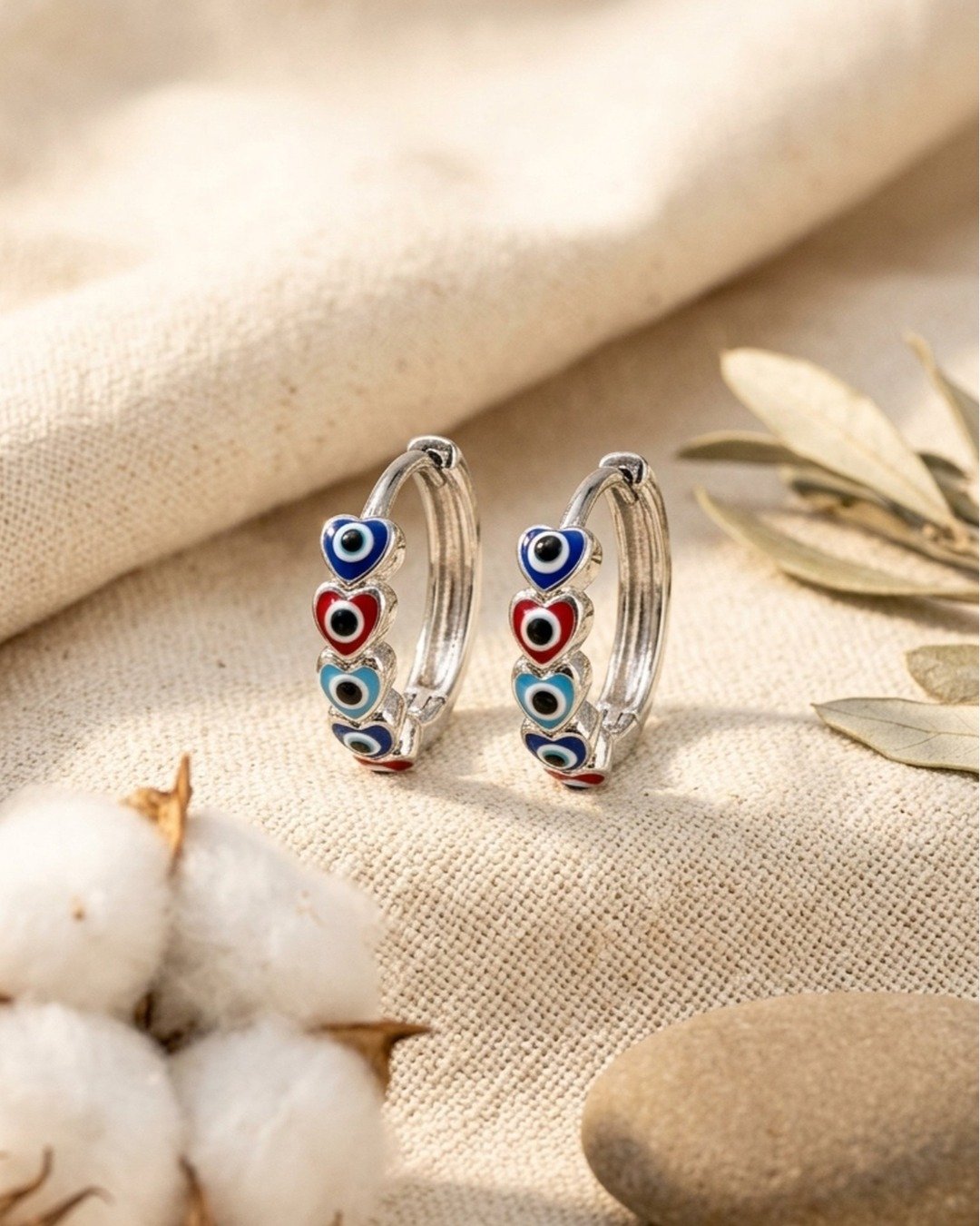 Nazar Charm Hoop Silver Earrings -  925 Sterling Silver