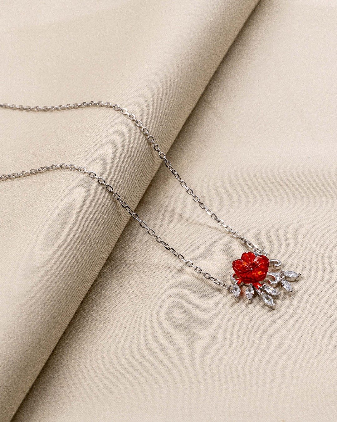 Ruby Blossom Floral Pendant Necklace Set – 925 Sterling Silver