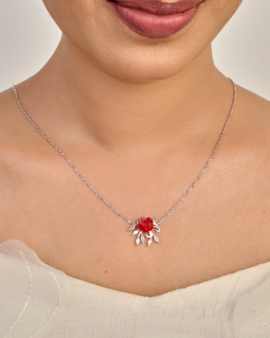 Ruby Blossom Floral Pendant Necklace Set – 925 Sterling Silver — view 3