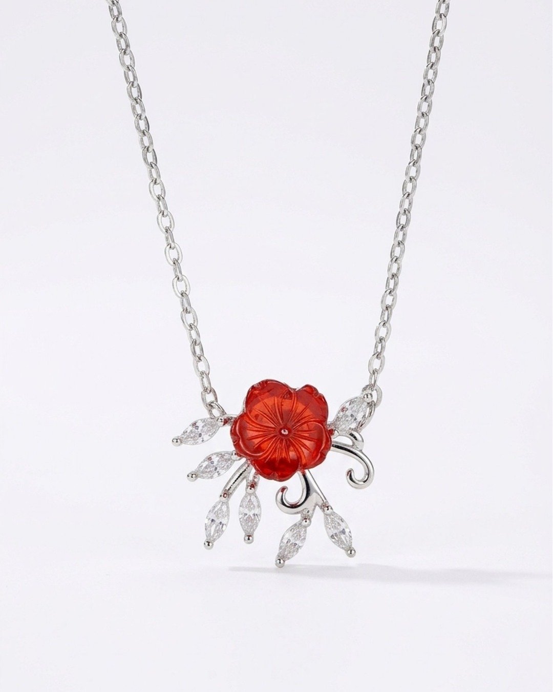 Ruby Blossom Floral Pendant Necklace Set – 925 Sterling Silver