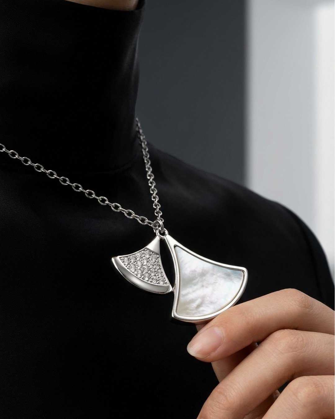Dual Fan Charm Pendant Necklace Set – 925 Sterling Silver — view 5