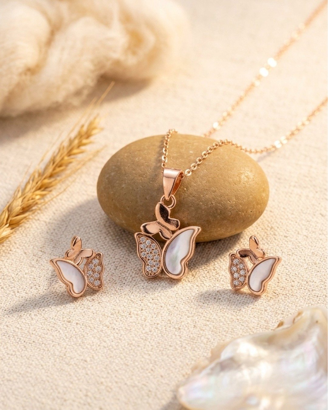 Rose Gold Butterfly Pearl Pendant Set – 925 Sterling Silver