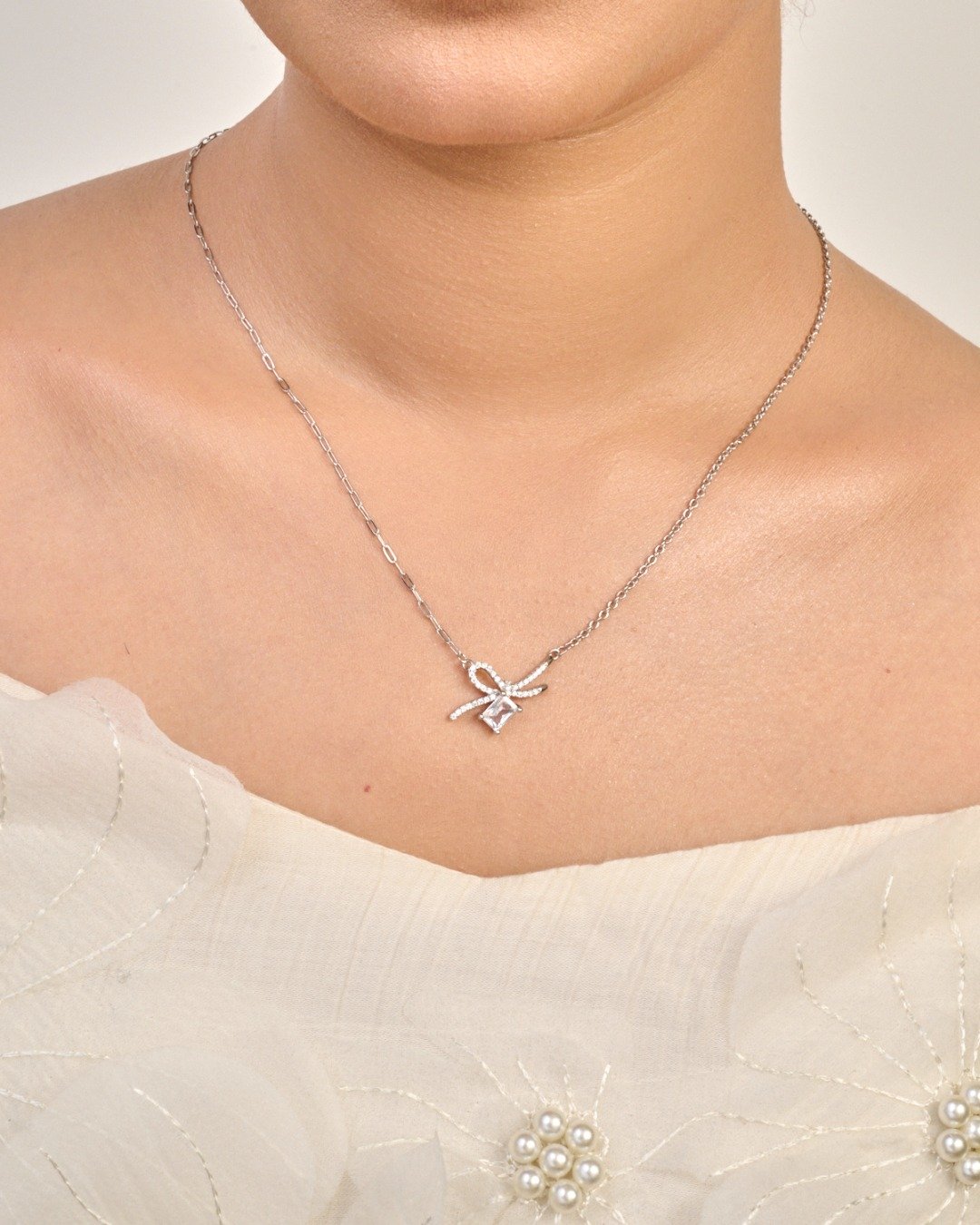 Crystal Bow Elegance Pendant Necklace – 925 Sterling Silver — view 3