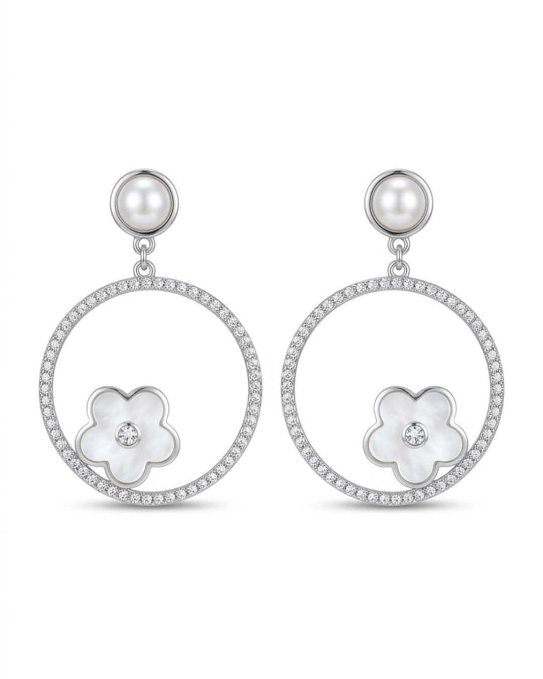 Pearl Blossom Crystal Circle Drop Earrings - 925 Sterling Silver