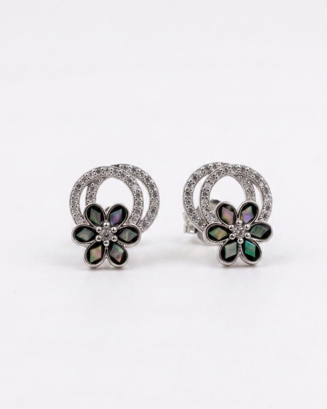 Iridescent Floral Halo Stud Earrings - 925 Sterling Silver