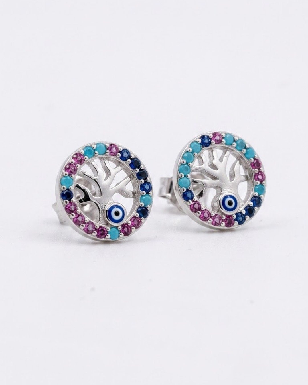 Evil Eye Mosaic Multicolor Stud Earrings - 925 Sterling Silver