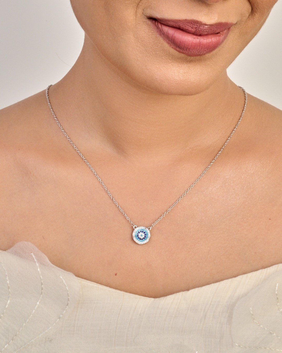 Azure Evil Eye Halo Pendant Necklace Set – 925 Sterling Silver — view 3