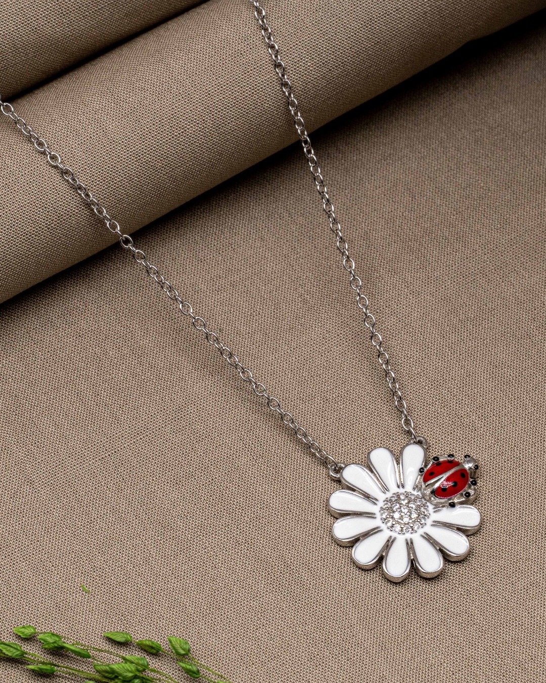 Floral Ladybug Charm Pendant Necklace Set – 925 Sterling Silver