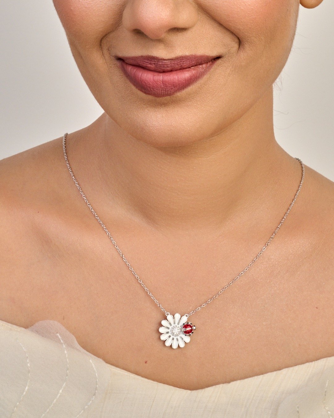 Floral Ladybug Charm Pendant Necklace Set – 925 Sterling Silver — view 3