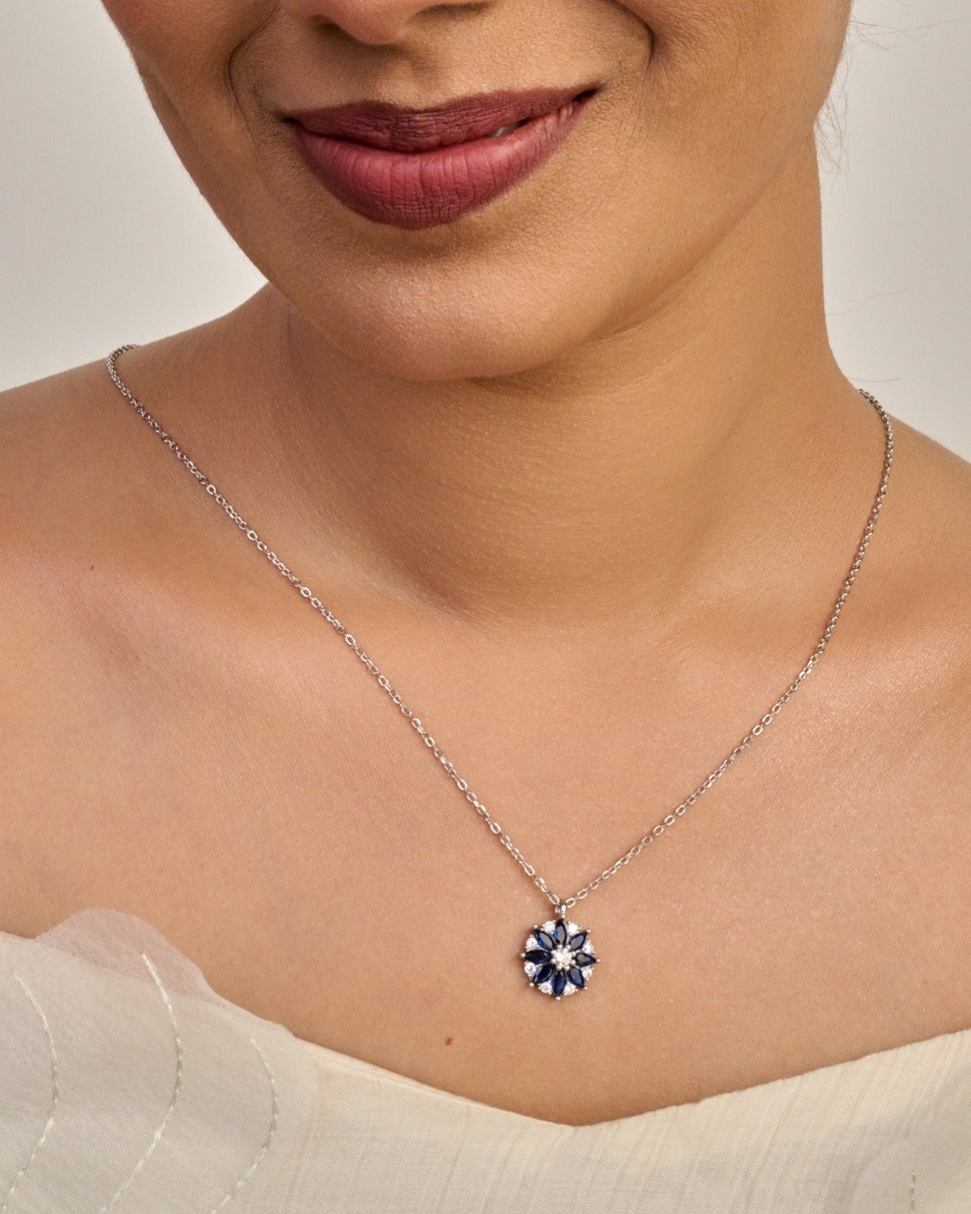 Royal Blue Floral Statement Pendant Necklace – 925 Sterling Silver — view 3