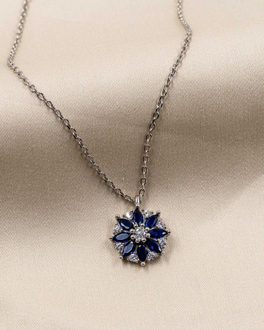 Royal Blue Floral Statement Pendant Necklace – 925 Sterling Silver — view 4