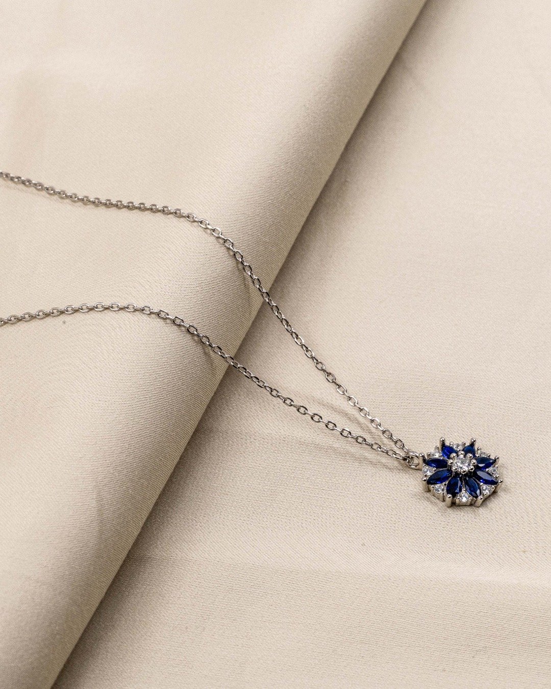 Royal Blue Floral Statement Pendant Necklace – 925 Sterling Silver