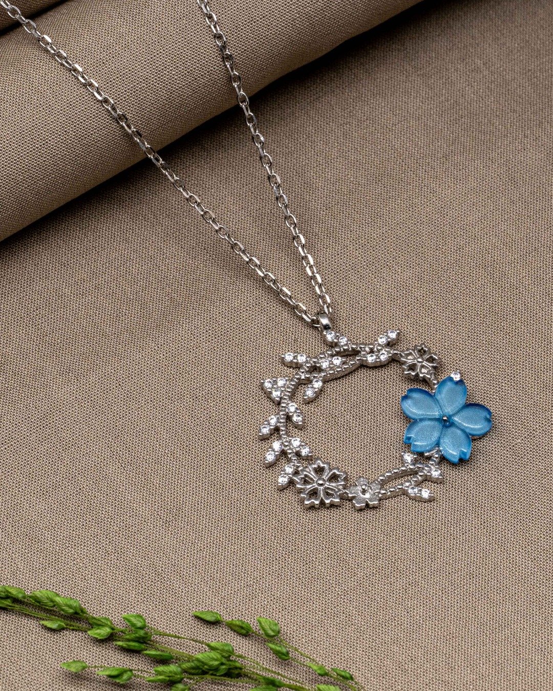 Blue Blossom Wreath Pendant Necklace Set – 925 Sterling Silver